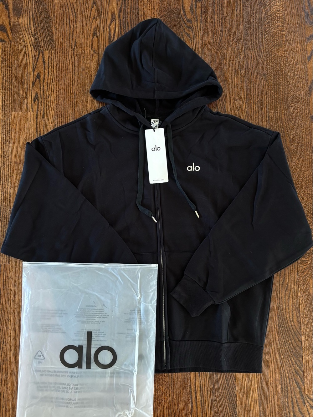 ALO Yoga Black Zip-Up Hoodie with Silver Logo